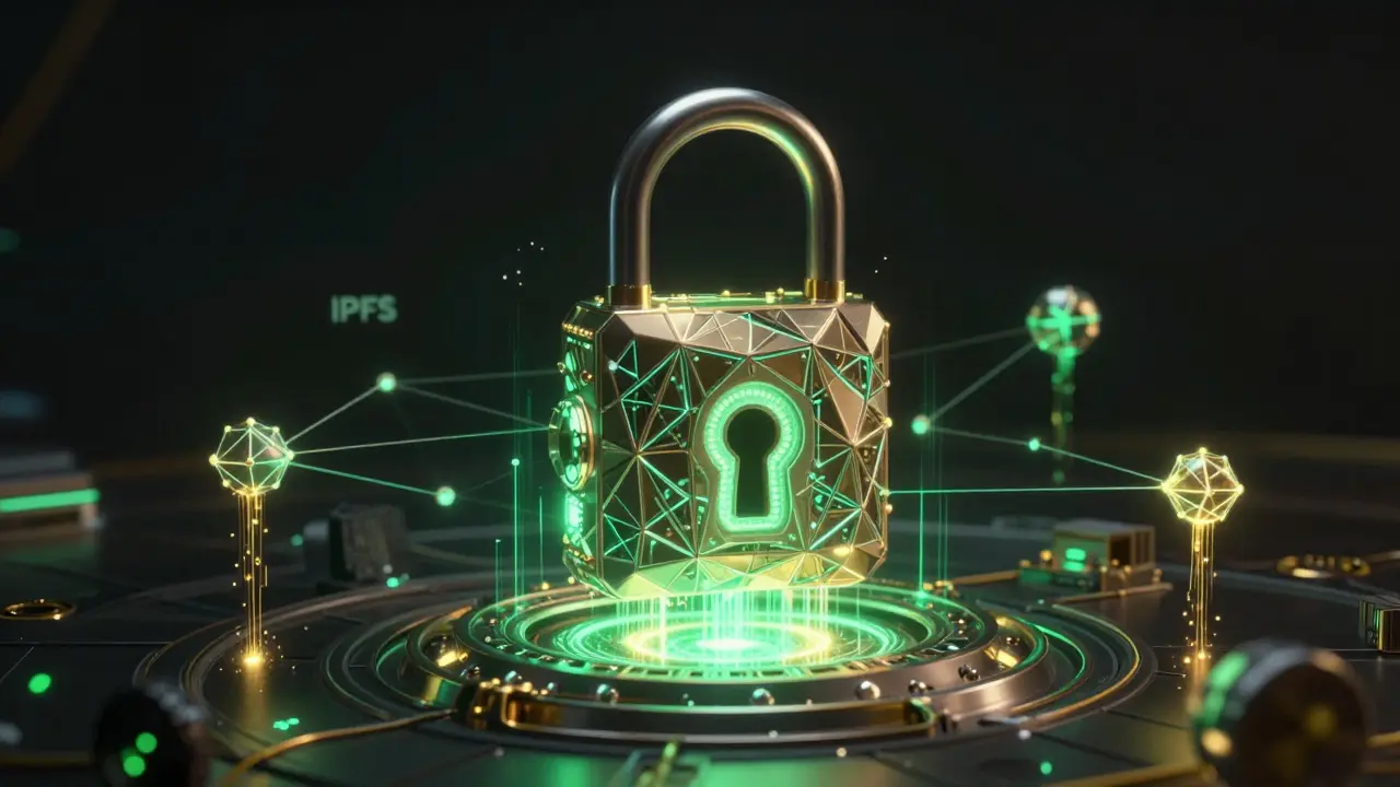 Cofre digital futurista protegido por rede descentralizada